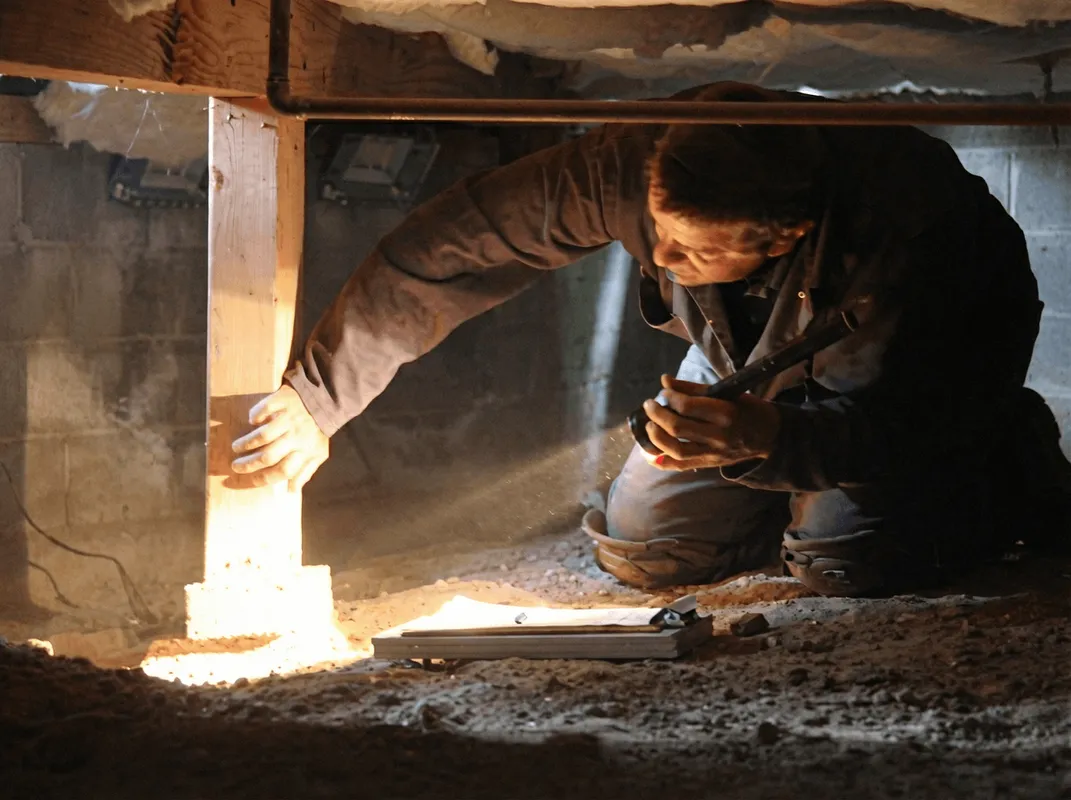 A professional inspecting wooden beams under the floor of a structure in Knoxville, TN